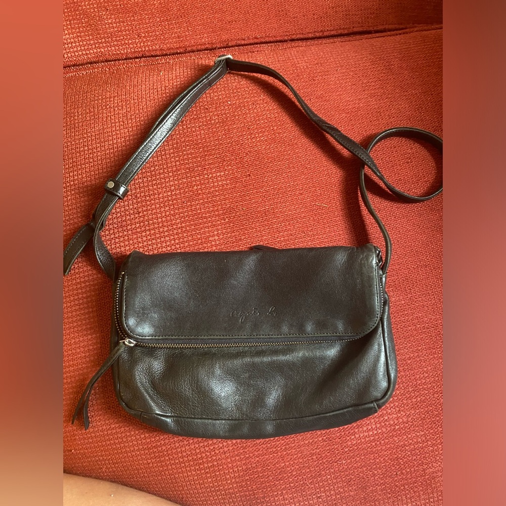 Agnes B black flap lamb Leather Crossbody Bag